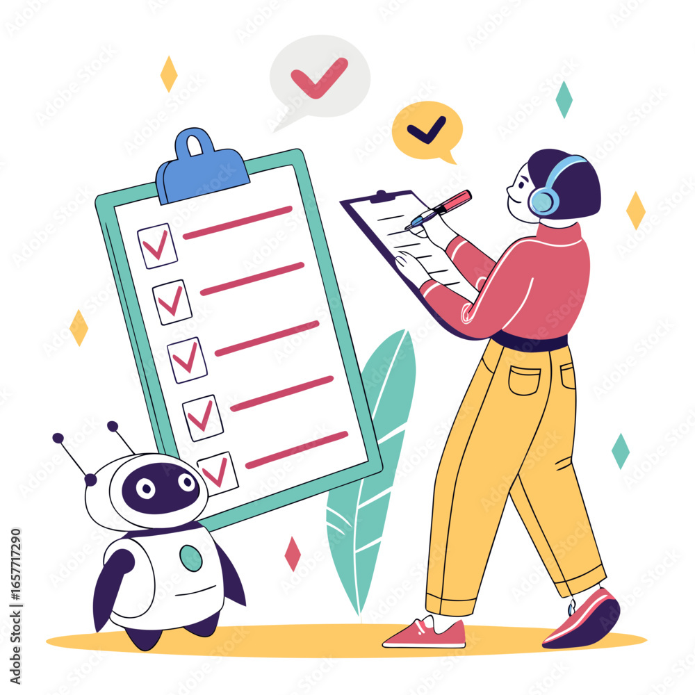 Poster person checking tasks with robot checklist clipboard
