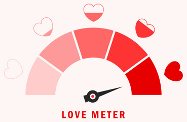 Love meter gauge with heart icons. Love meter flat icon. Heart indicator. Love day full test. Speedometer arrow. Love meter showing high level with hearts and progress indicator. Vector illustration.