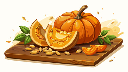 Fresh ripe pumpkin with cut wedges reveals glowing orange flesh, seeds scattered gracefully across wooden cutting board against warm white background, capturing rustic seasonal charm in detailed reali