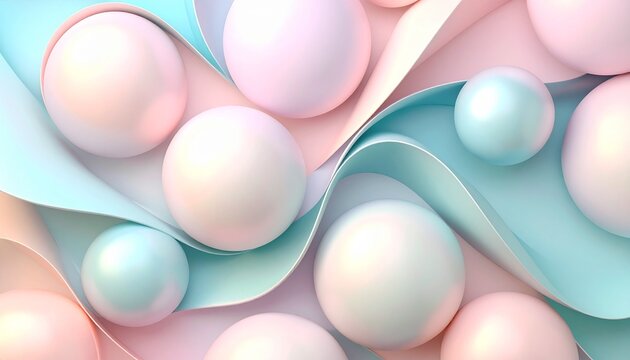 Pastel spheres and wavy ribbons abstract background.