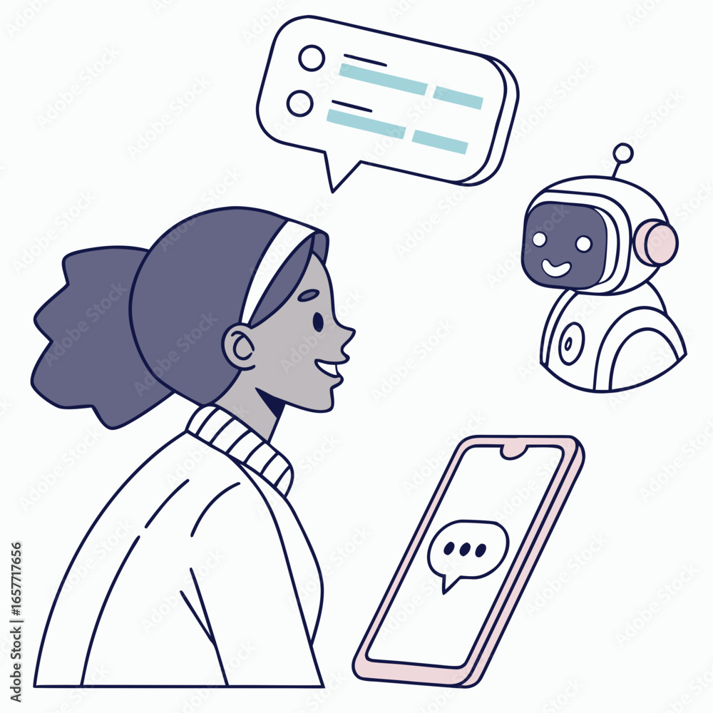 Poster person interacting with a i bot via phone artificial intelligence