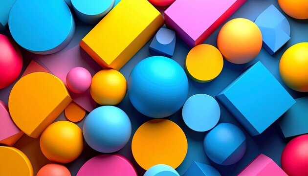Colorful geometric shapes, including spheres, cubes, cylinders, and rectangular prisms, are arranged in a dense, visually appealing composition.