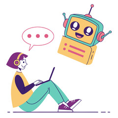 Person interacting with friendly robot chatbot laptop
