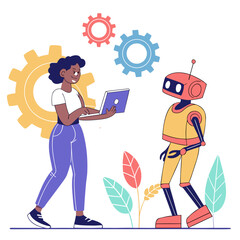 Person interacting with robot and gears laptop technology