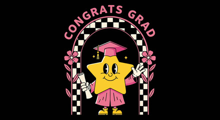Retro Star Graduate with Diploma and Pink Graduation Gown Illustration