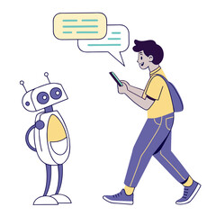 Person interacting with robot and chat bubbles smartphone