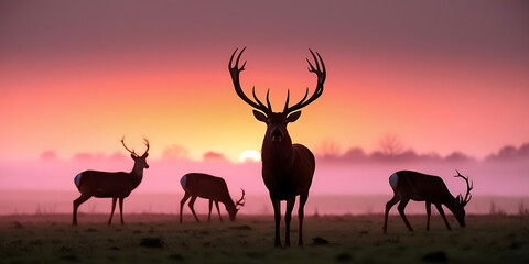 Deer silhouette at sunset with misty mountains in background