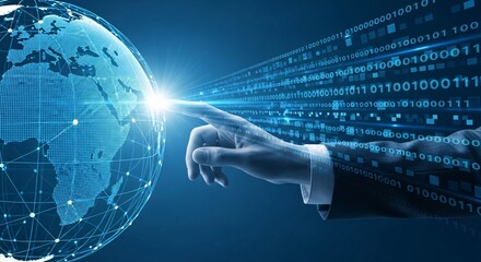 Hand touching a digital globe with binary code flowing from the point