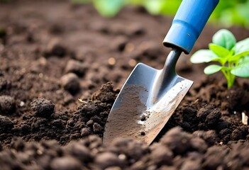 A small garden trowel digs into rich dark soil, beside a young seedling.