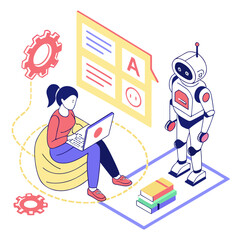 Person learning with robot and books laptop