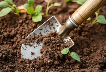 Close-up of a small trowel digging into dark brown soil with young plants nearby.