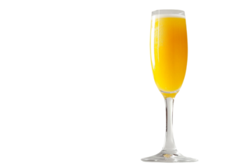 Sparkling orange mimosa in clear flute glass isolated on transparent background