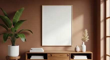 Modern Home Interior with Blank Frame and Plant, Minimalist Living Room Decor with Earth Tones and Natural Light