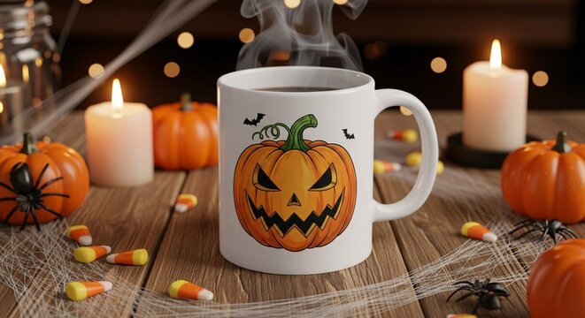 A white mug with a jack-o'-lantern design steams on a wooden surface surrounded by pumpkins, candles, candy corn, spider decorations, and string lights for Halloween.