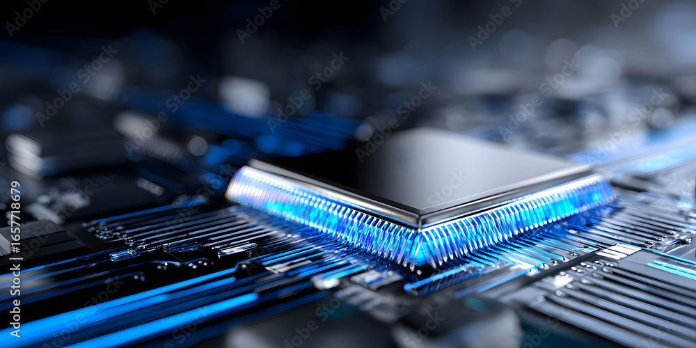 Poster advanced microprocessor on circuit board with blue illumination