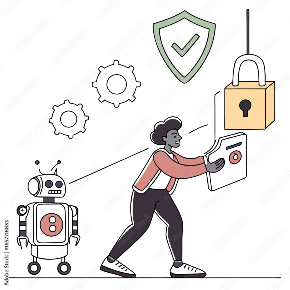 Poster person robot securing digital data with lock and shield