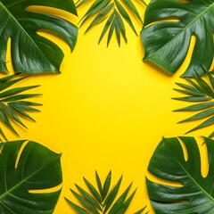 Tropical leaves on yellow background