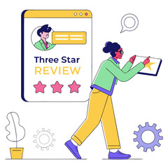 Person reviewing online feedback with stars vector
