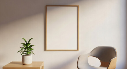 Minimalist living room decor featuring a wooden frame mock-up, a chair, and a small plant, Cozy interior scene with a blank picture frame for showcasing artwork or photography