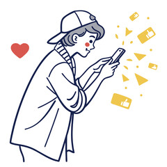 Person wearing cap using smartphone with social media icons