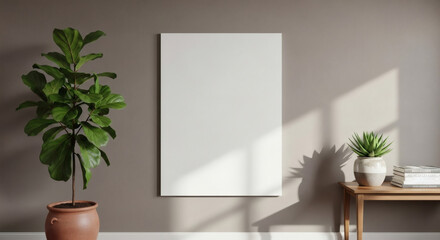 Interior mockup with fiddle-leaf fig, blank canvas, and succulent on a side table, Modern home interior decor with blank canvas and plants against a neutral wall