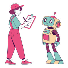 Person with clipboard and robot cartoon checklist