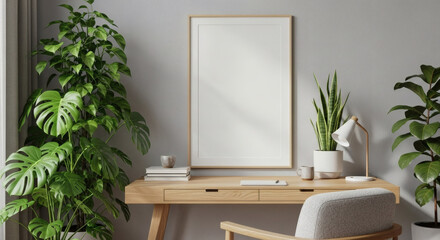 Modern Workspace with Monstera Plant and Blank Frame, Minimalist Home Office Interior Design with Wooden Desk and Sansevieria Plant Decor
