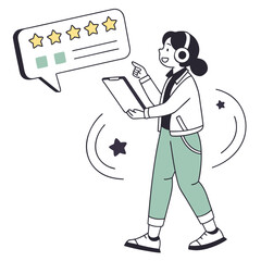 Person with headset and tablet reviewing stars rating
