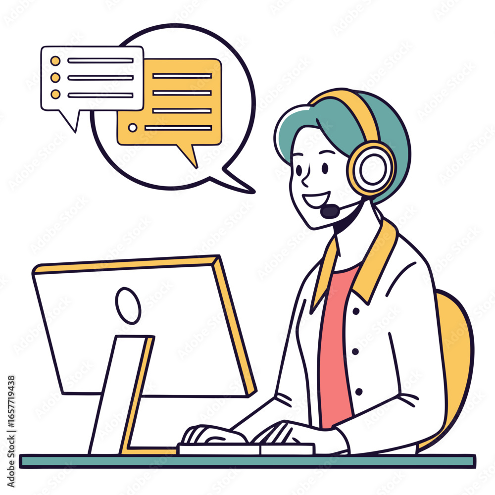 Poster person with headset working on computer desk keyboard