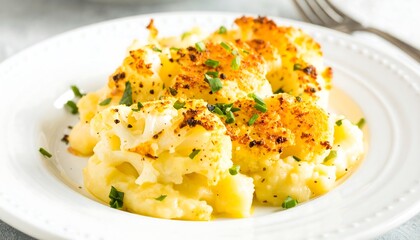 Crispy roasted cauliflower florets layered in a creamy, cheesy sauce, garnished with fresh herbs.
