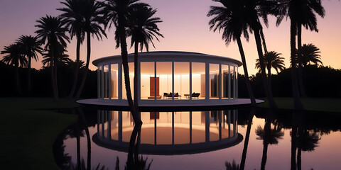 Glass house at sunset with palm trees and water reflection