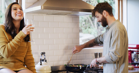 Couple, cooking and wine with support in kitchen for healthy dinner, funny conversation or bonding....