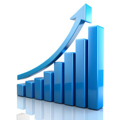 3d blue bar graph with an upward arrow indicating growth and success in business and finance, isolated on white isolated on transparent background