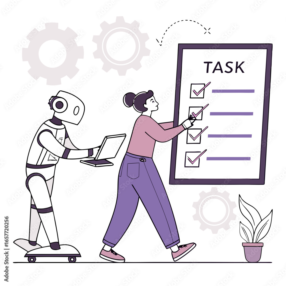 Poster robot and person checking off tasks collaboration task list