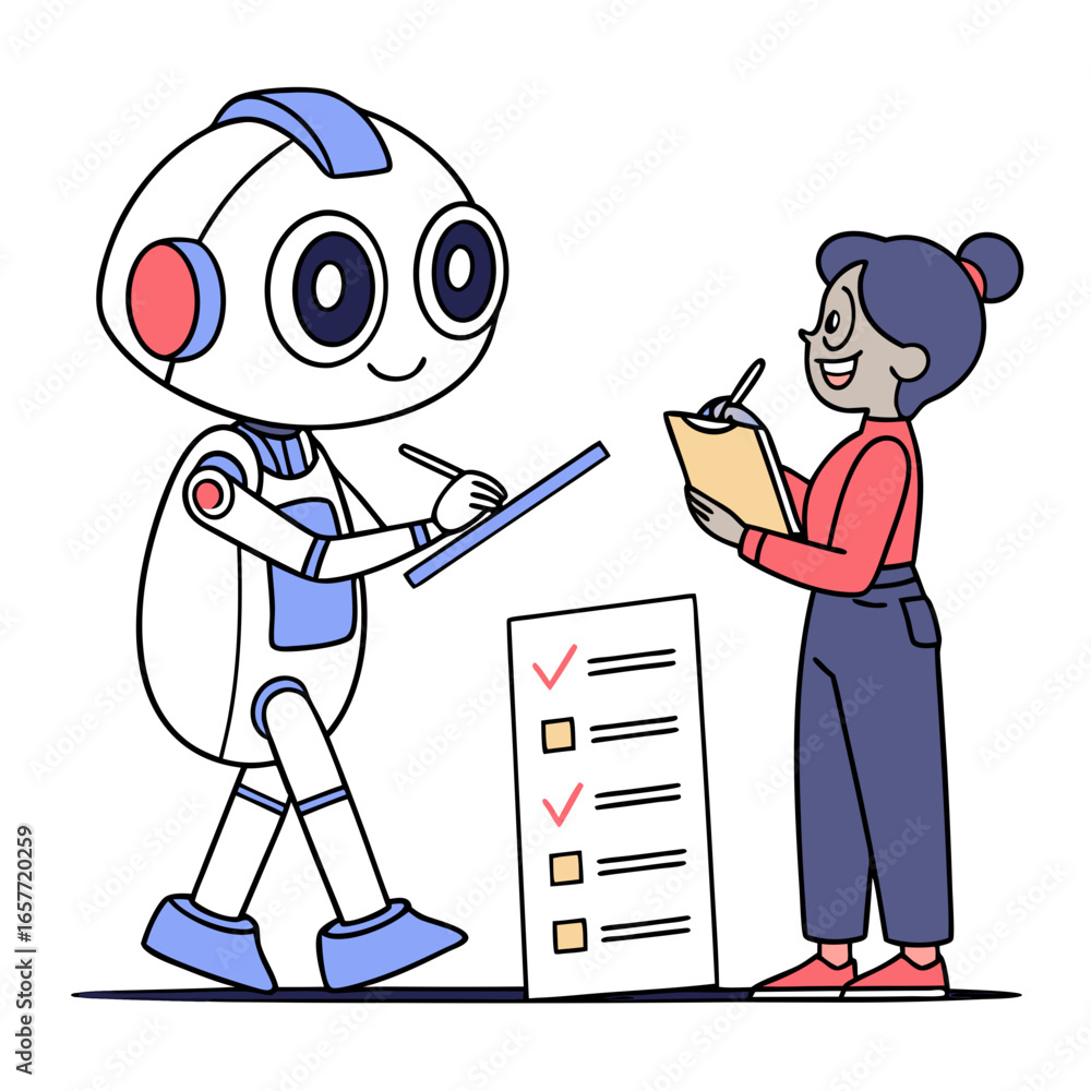 Aufkleber robot and person checking list checklist writing