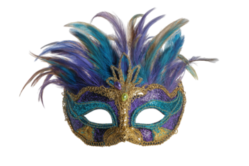 Colorful carnival mask with intricate feather details and vibrant metallic embellishments gold trim on transparent background