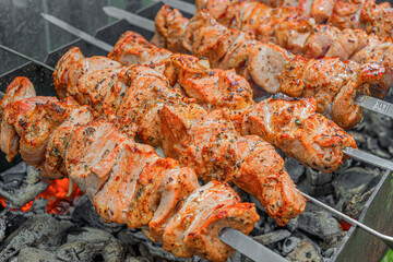 Juicy marinated skewers are being grilled over hot charcoal on metal skewers during an outdoor...