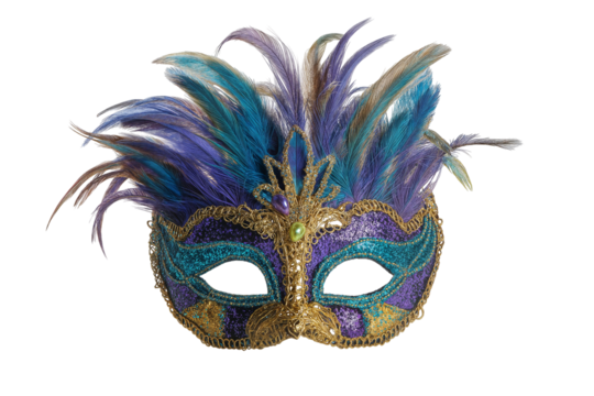 Colorful carnival mask with intricate feather details and vibrant metallic embellishments gold trim on transparent background