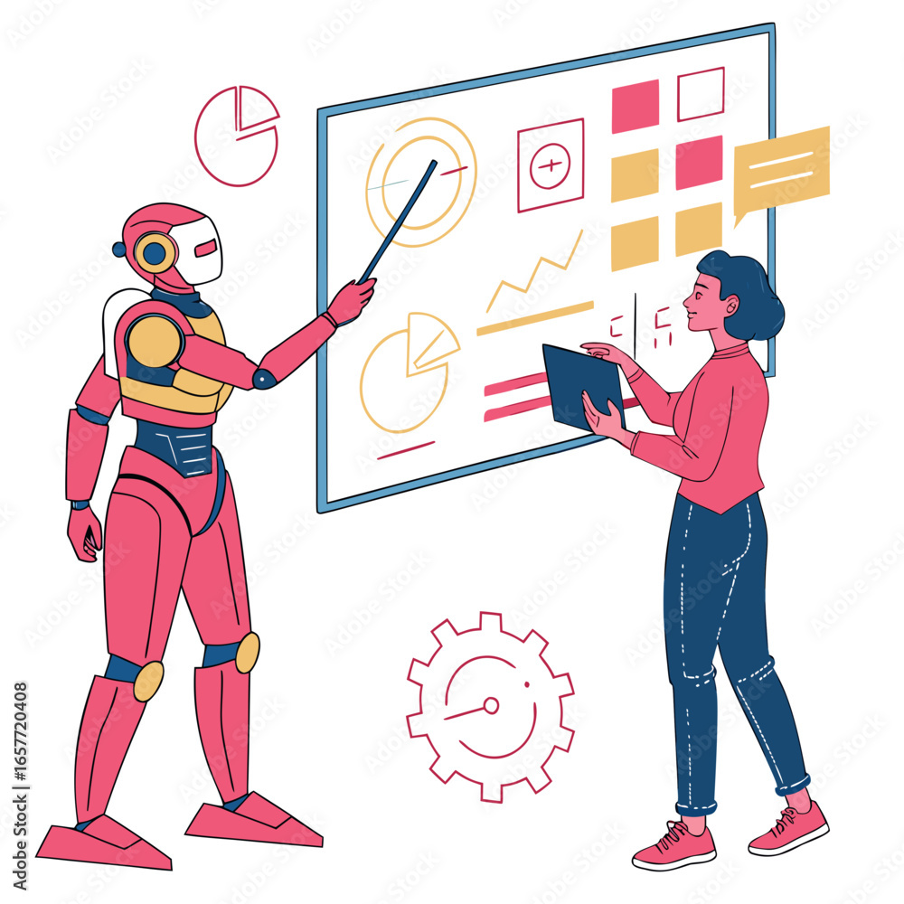 Poster robot and person presenting data presentation charts