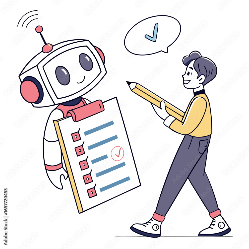 Poster robot and person with checklist and pencil task