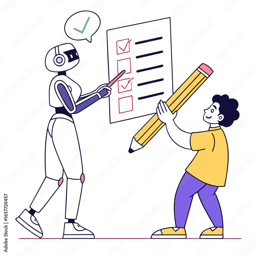 Poster robot and person with checklist and pencil task