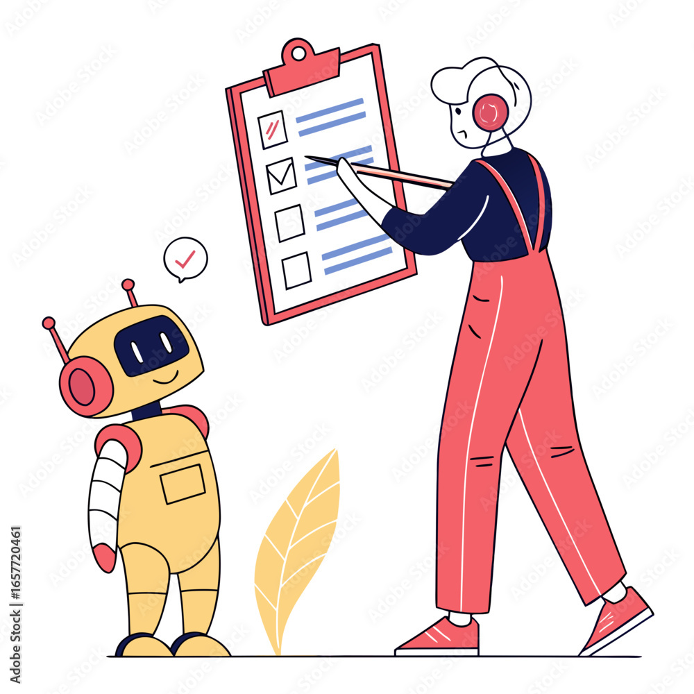 Poster robot and person with clipboard checklist tasks