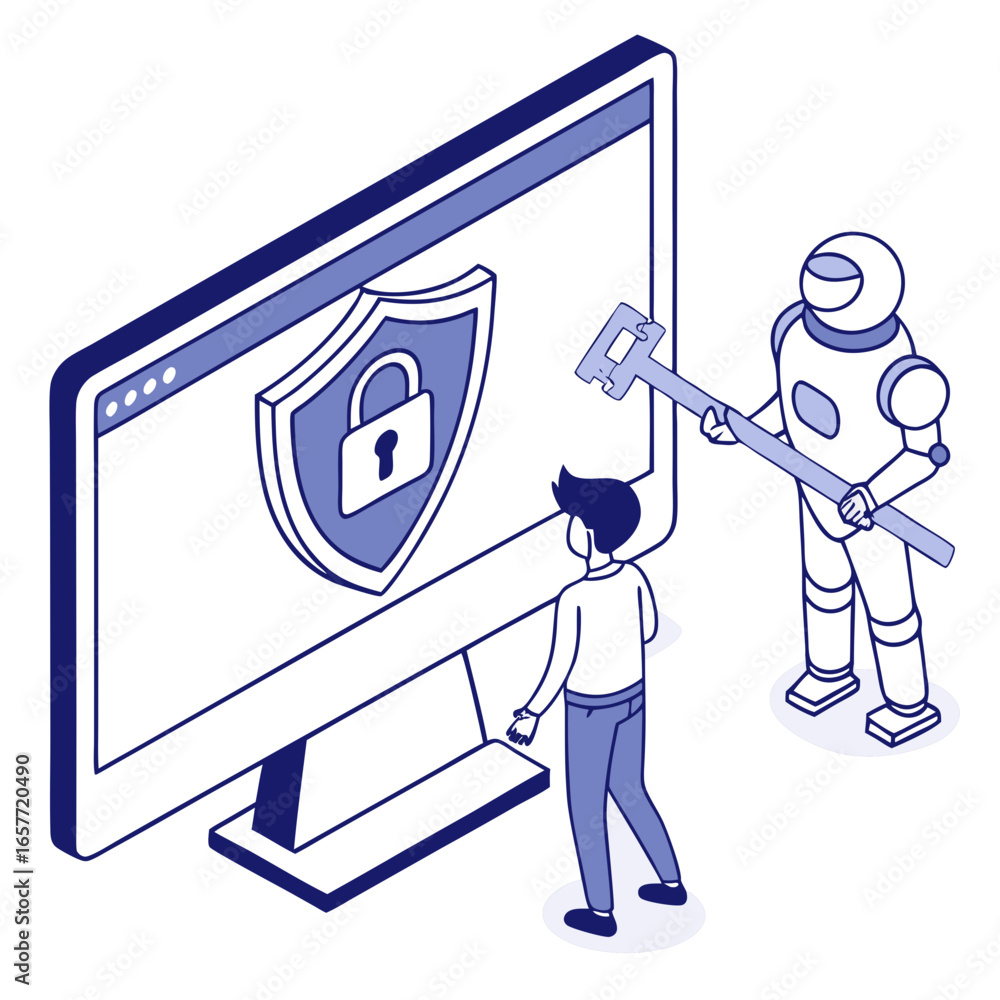 Poster robot and person with cybersecurity shield on monitor