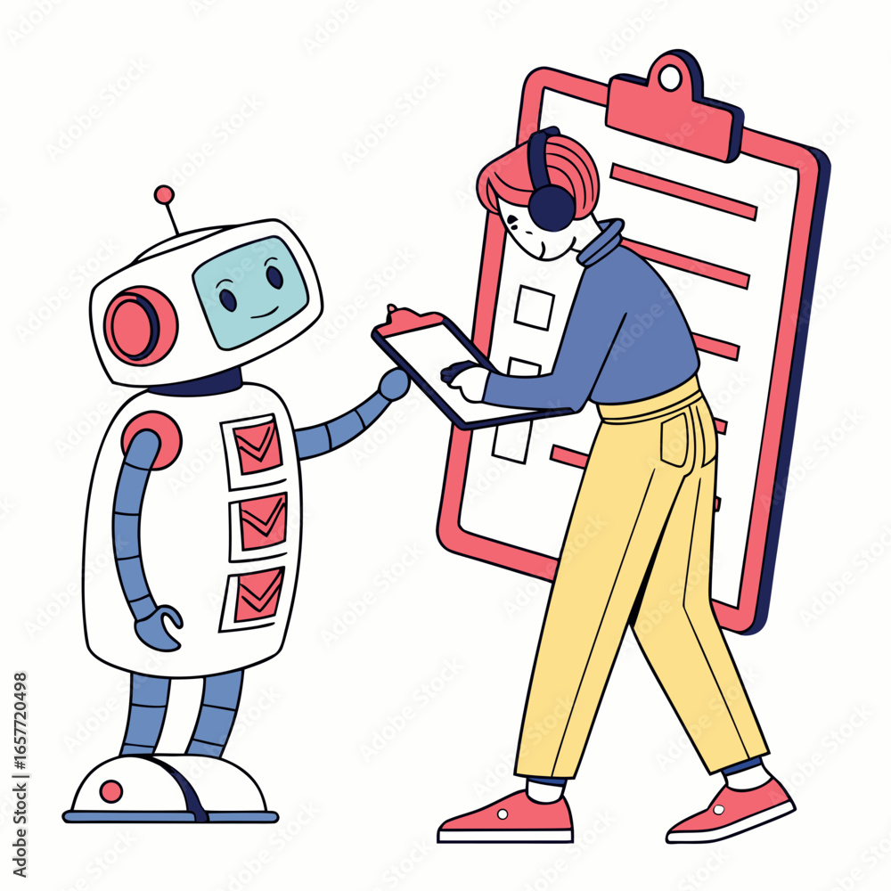 Poster robot and person with clipboard checklist tasks