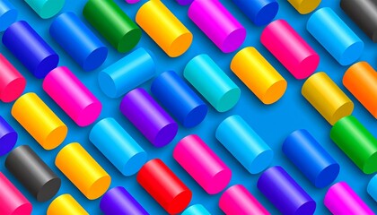 A vibrant, colorful pattern of 3D isometric cylinders arranged diagonally on a blue background.