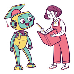 Robot and person studying graduation cap book