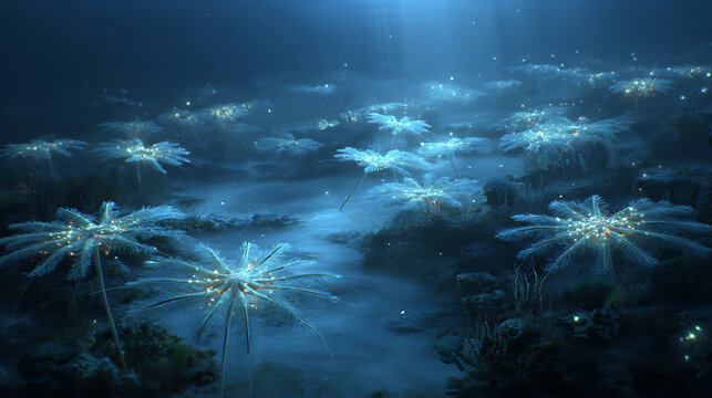 Dreamy underwater fantasy landscape with bioluminescent plants and glowing particles aesthetic wallpaper art 4k