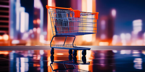 Empty shopping cart on wet pavement with cityscape lights at night
