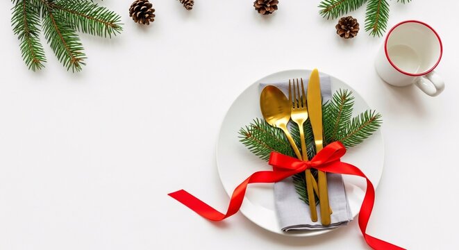 Festive holiday table setting with gold cutlery and red ribbon bow
