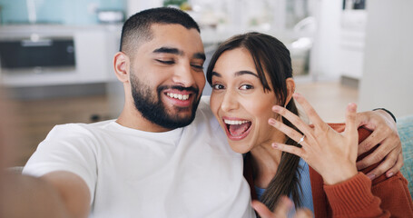 Couple, selfie and engagement ring in living room for commitment, romance and love on social media...